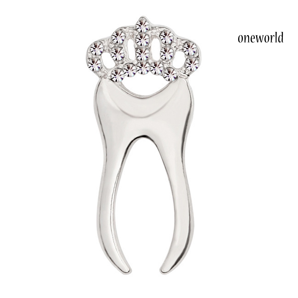 OW@ Cute Unisex Rhinestone Inlaid Crown Tooth Shaped Brooch Pin Shirt Collar Badge