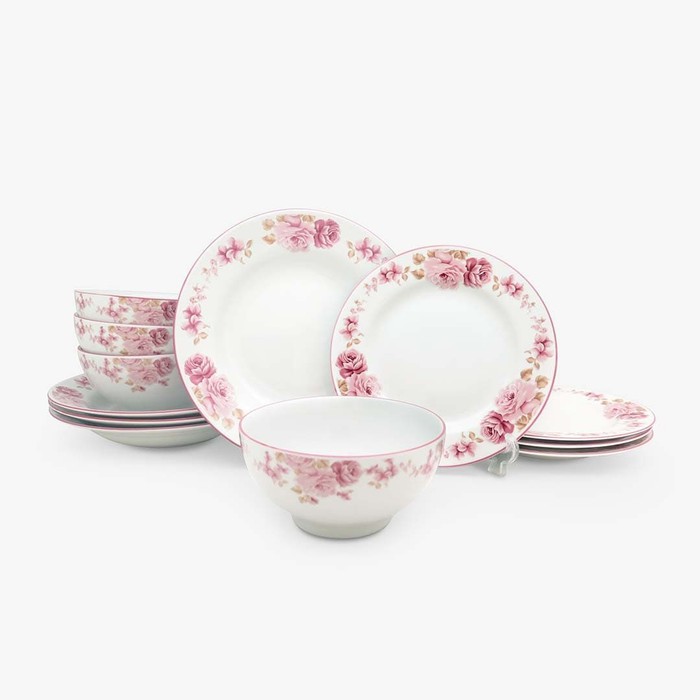 Dinner Set | Piring Set Keramik | Motif Pink Rosie 12 pcs