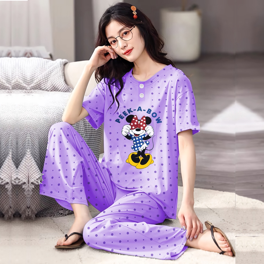 Lilipop.id  Baju Tidur Wanita CP Peek Bow Mickey Setelan Piyama BabyDoll Kaos Celana Panjang