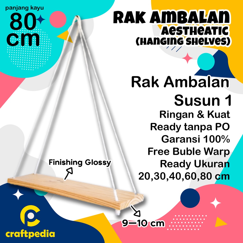 Craftpedia [ 80 cm ] Rak Ambalan Kayu - Rak Gantung - Rak Dinding Macrame Aesthetic