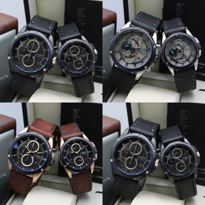 TERBARU  JAM TANGAN COUPLE ALEXANDRE CHRISTIE AC 6589 / AC6589 LEATHER SEPASANG ORIGINAL