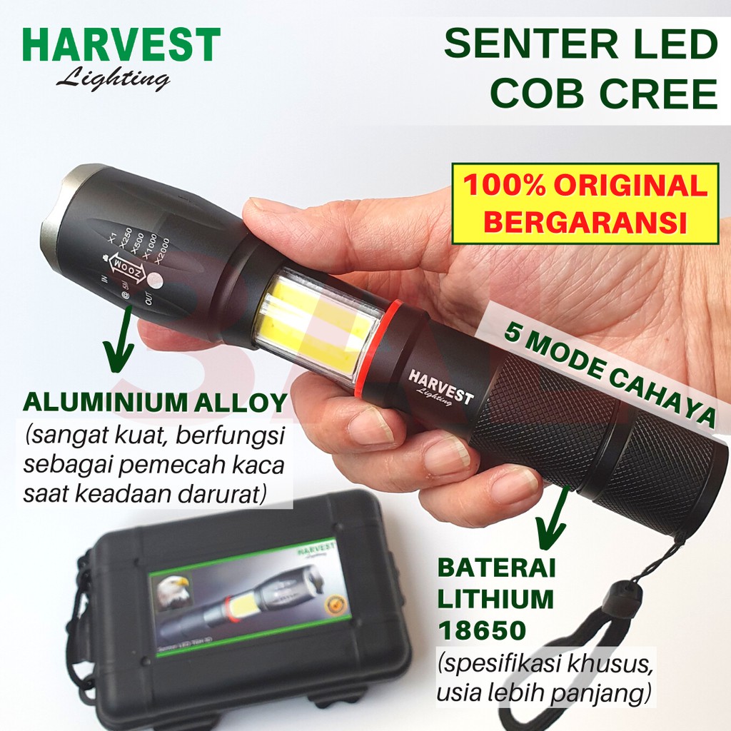 Lampu Senter LED T6 COB Cree HARVEST LIGHTING Flashlight Flash Light Lampu Samping Rechargeable Bergaransi