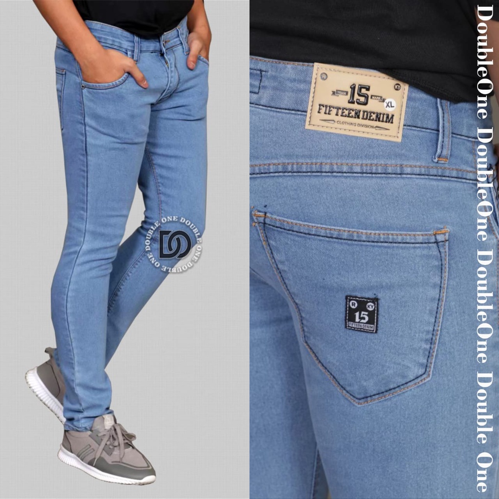 DOUBLE ONE Celana Jeans Panjang Pria Slim Fit Original FIFTEEN DENIM Biru Muda