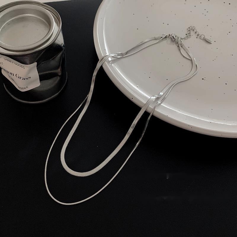 Kalung Rantai Klavikula Lapisan Ganda Warna Silver Gaya Hip Hop Untuk Aksesoris