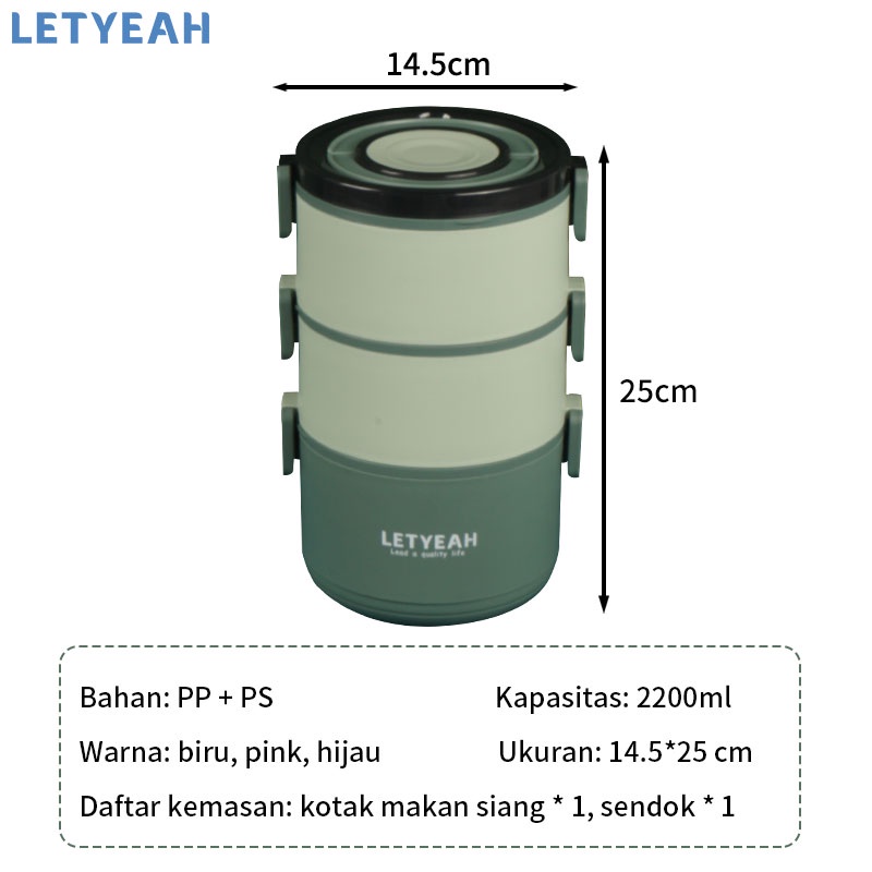 letyeah kotak makan 3 susun 2200ML/lunch box 3 susun anti tumpah