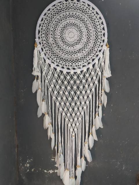 Dream Catcher rajut sulam diameter 42cm bulu ayam jaring benang dekorasi hiasan gantungan