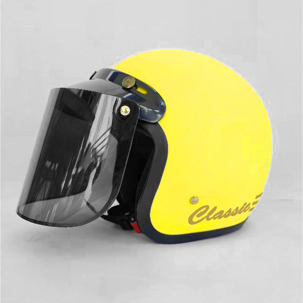 HELM BOGO DEWASA CLASIC GARIS DEWASA POLOS GARIS KACA FLAT DATAR DAN KACA CEMBUNG-kuning doff