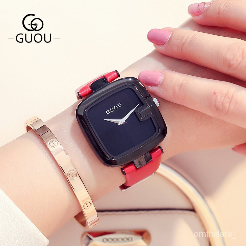 【Factory Outlet】GUOU Black Unique Square Watches for Women Big Face Dial 35MM Female Quartz Simple Ladies Wristwatch【COD】【100% Ori】【With box】