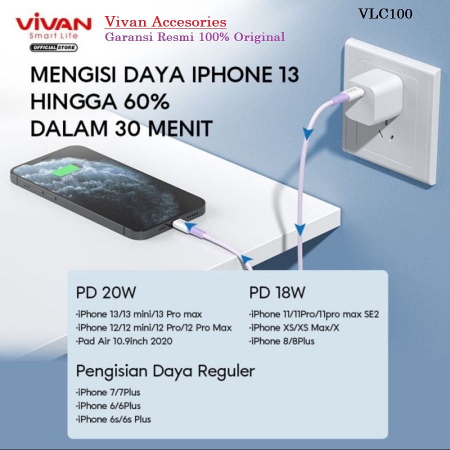 VIVAN VLC100 Data Cable Type C to Lightning 3A PD 20w Kabel Data