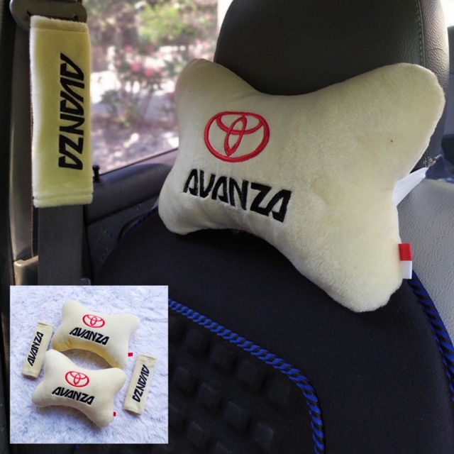Set Bantal Leher Jok Mobil / Headrest Car Set 2 in 1 TOYOTA Avanza Bordir Krem