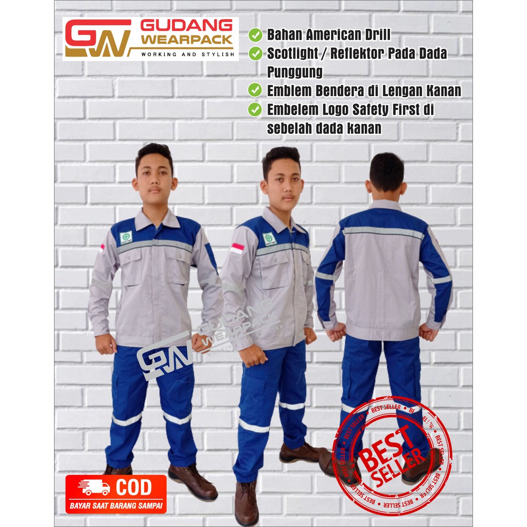 SETELAN Wearpack ABU MUDA-BENHURlengan panjangsleting/BAJU KERJA K3 SETELAN (setelan standar)