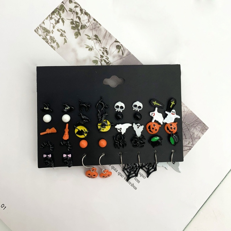 Set Anting Stud Desain Kerangka Labu Halloween Bahan Alloy Untuk Wanita