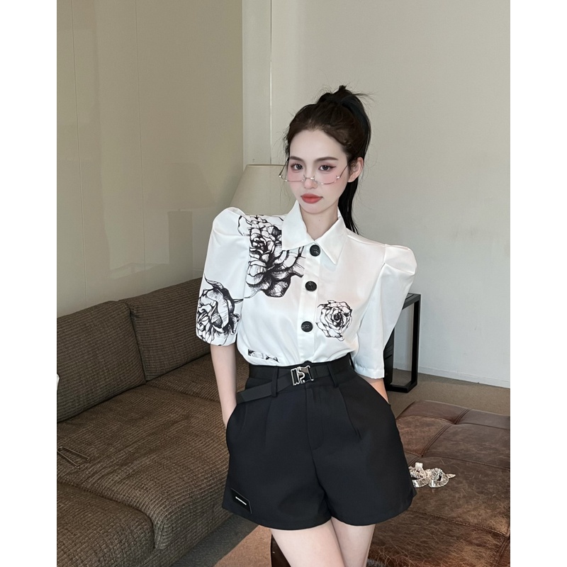 Strawberry Hitam ~ Versi Korea Lukisan Tinta Bunga Cetak Bahu Pad Puff Lengan Kemeja Top + Pinggang
