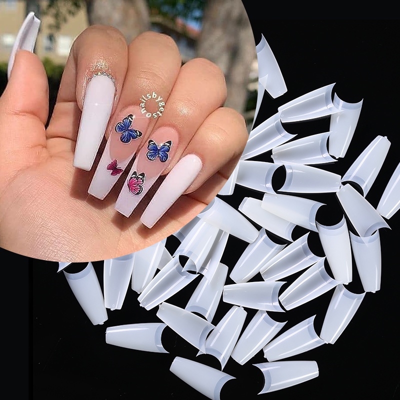 500pcs / Kantong Kuku Palsu Akrilik Uv Gel Polish Transparan Natural Gaya Perancis Untuk Nail Art