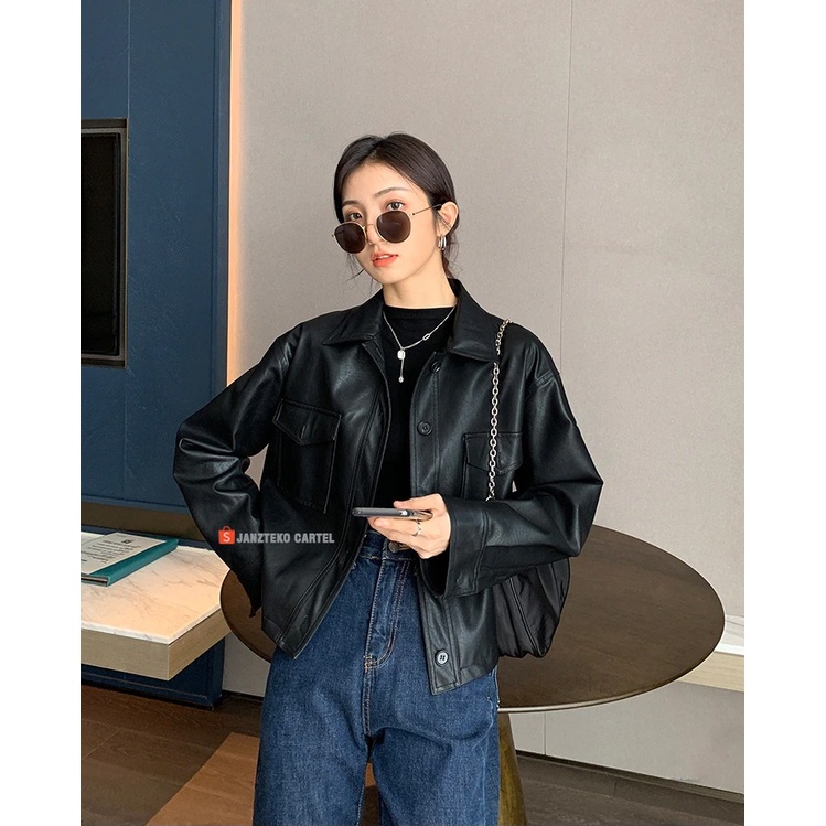 JNK x BINBIN - Jaket Kulit Wanita Coklat Hitam Faux Synthetic Leather Jacket Original Premium Import Elegan Kasual Branded Lembut Pendek Ukuran Besar Musim Semi Pakaian Fashion Korea Lengan Panjang 2023 Streetwear Jalanan Oversize Trendy Tshirt New Cewek