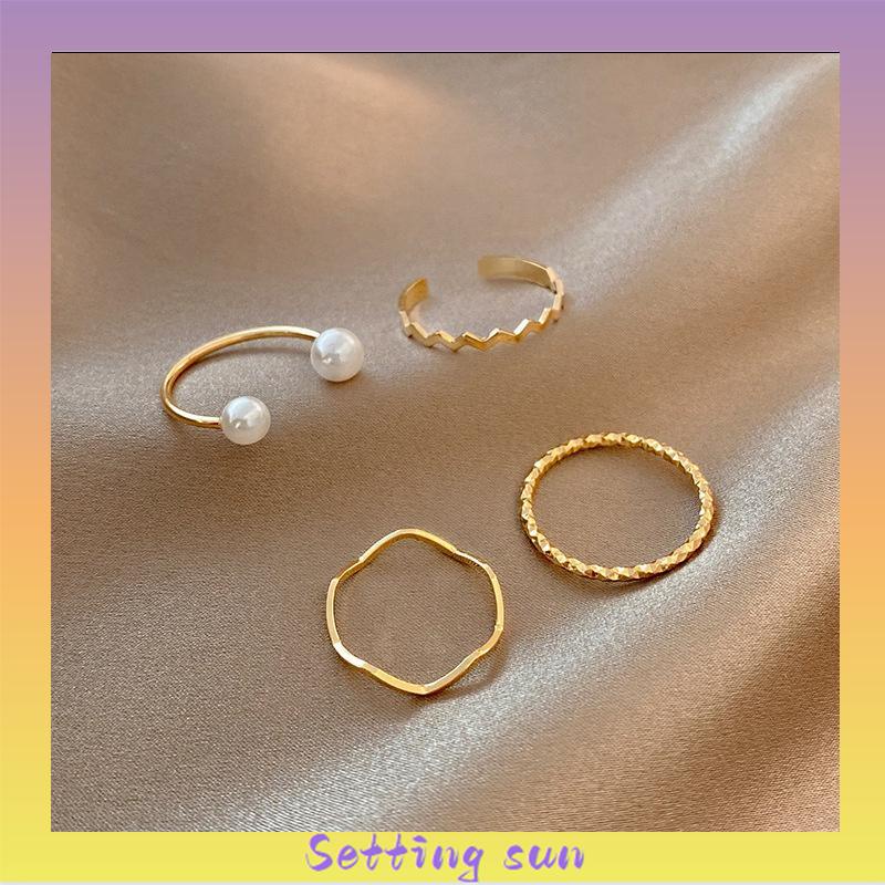 4 Pcs/set Korea Cincin Emas Untuk Wanita Sederhana Mutiara Elegan Cincin Set Dapat Disesuaikan Terbuka Perhiasan Hadiah TN