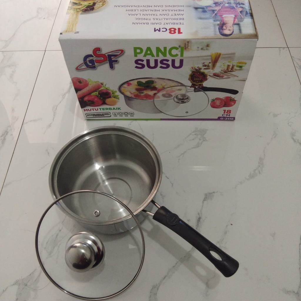 PANCI SUSU TUTUP KACA 18CM GSF G-2118 / PANCI KUAH GSF / PANCI KUWAH GSF / PANCI + TUTUP KACA BAHAN STAINLESS STEEL 18CM / PANCI GSF G-2118 / GSF 2118