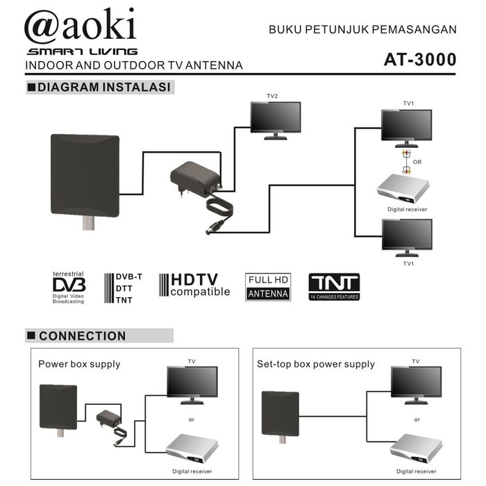 ANTENA 2 TV DIGITAL LUAR DALAM INDOOR OUTDOOR AOKI