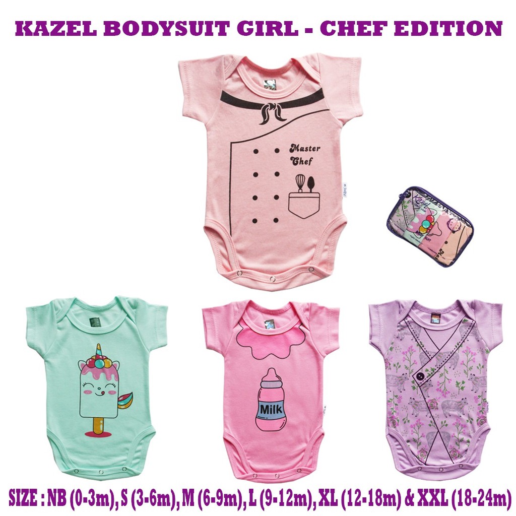 Kazel Bodysuit Chef Girl 4pcs Baju Jumper Bayi Perempuan