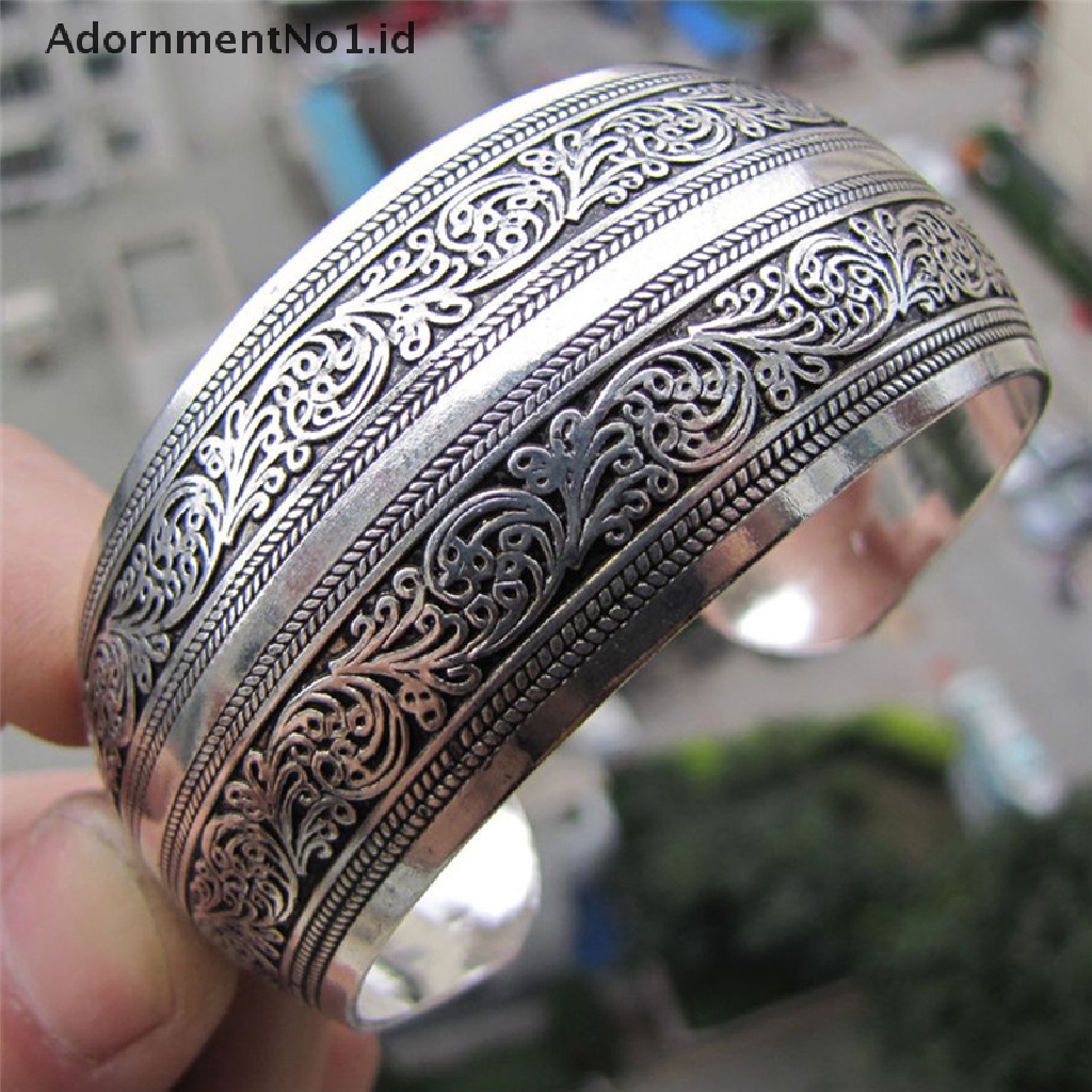 (AdornmentNo1) Gelang Bangle Cuff Terbuka Lapis Silver Gaya Tibet Motif Totem Untuk Perhiasan Wanita (ID)