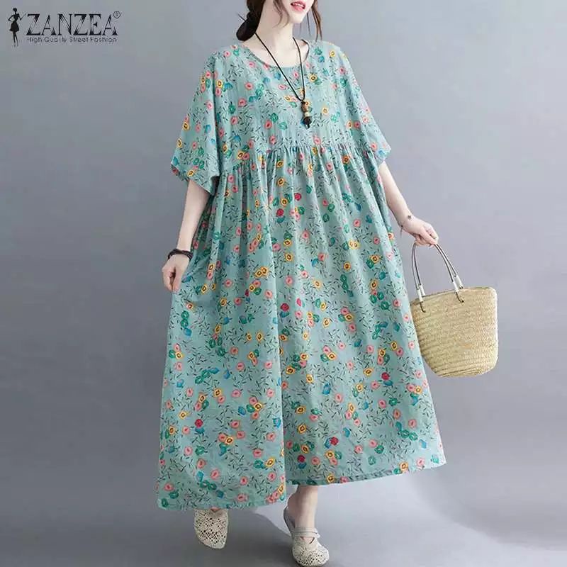 ZANZEA Dress wanita import Casual model longgar/Dress Maxi wanita jumbo S-5XL Terbaru