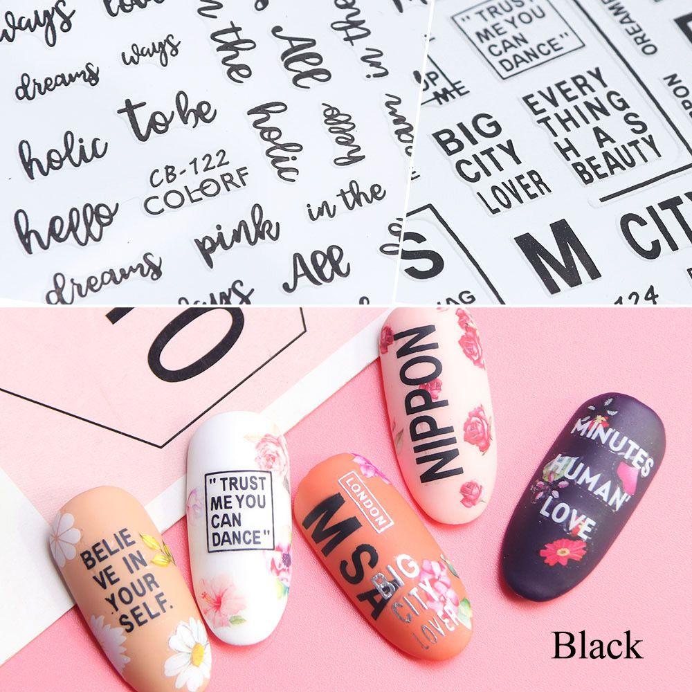 Mxbeauty Nail Art Decals Bronzing Dekorasi Nail Art Hologram Huruf Timbul Tulisan Nail Tips Hitam Putih Silver Geometris Glitter Stiker