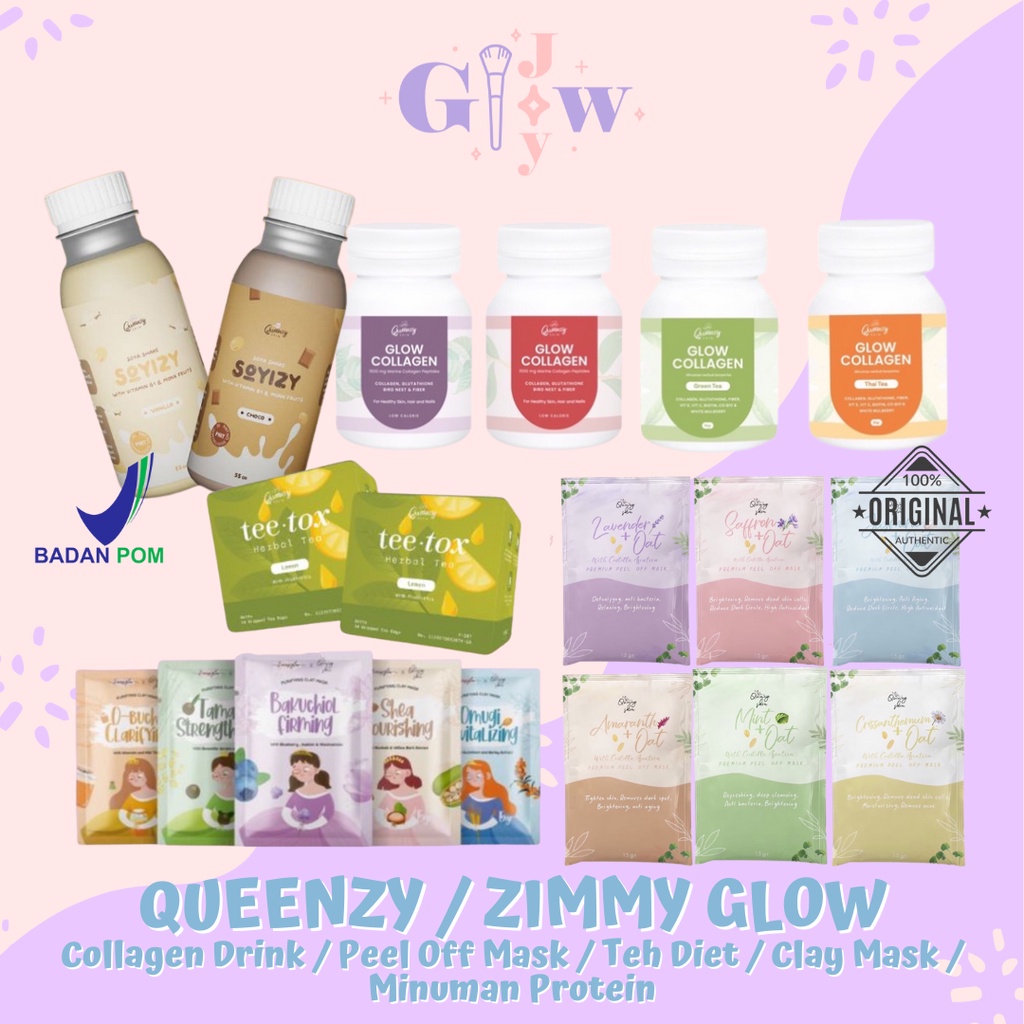 QUEENZY ZIMMY GLOW glow collagen / tee tox / peel off mask / soyizy / zimmy glow clay mask gluthathion marine peptides drink minuman vitamin suplemen murah bpom mencerahkan masker kletek bubuk bilas kurus mengecilkan perut buncit lemak viral termurah acne