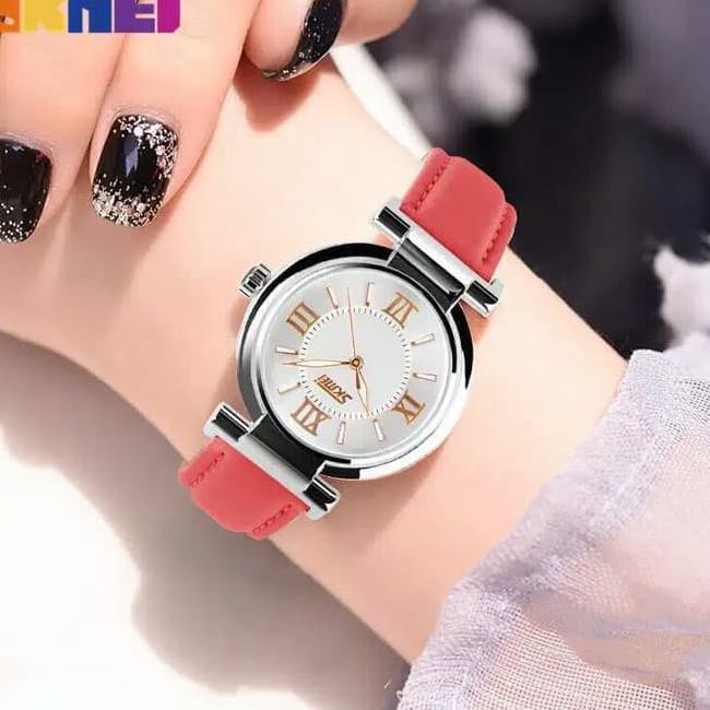 Jam Tangan Wanita Cewek Kulit Original Skmei Casio Gues Rolex Anti Air - Merah Muda Kode 344