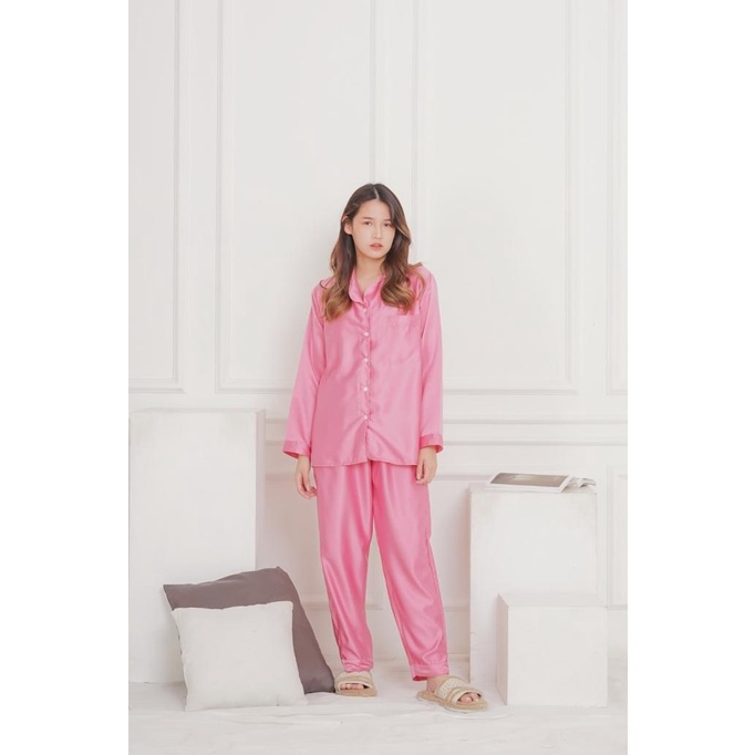 Pp Satin-Lengan Panjang-Celana Panjang-Piyama-Baju Tidur-Sleepwear