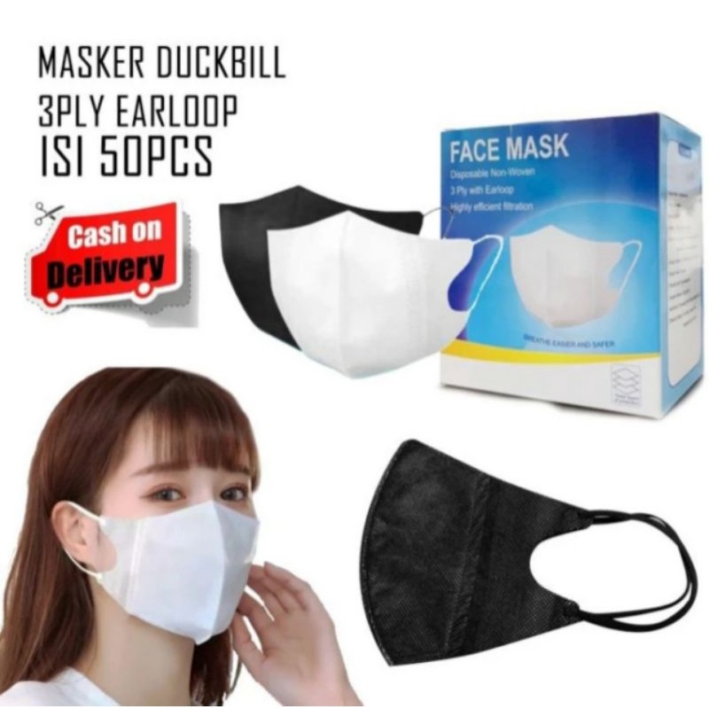 ISI 50 PCS MASKER 3 PLY NON SENSI NON MEDIS MASKER DUCKBILL HITAM PUTIH MASKER MURAH MASKER DUKBIL M