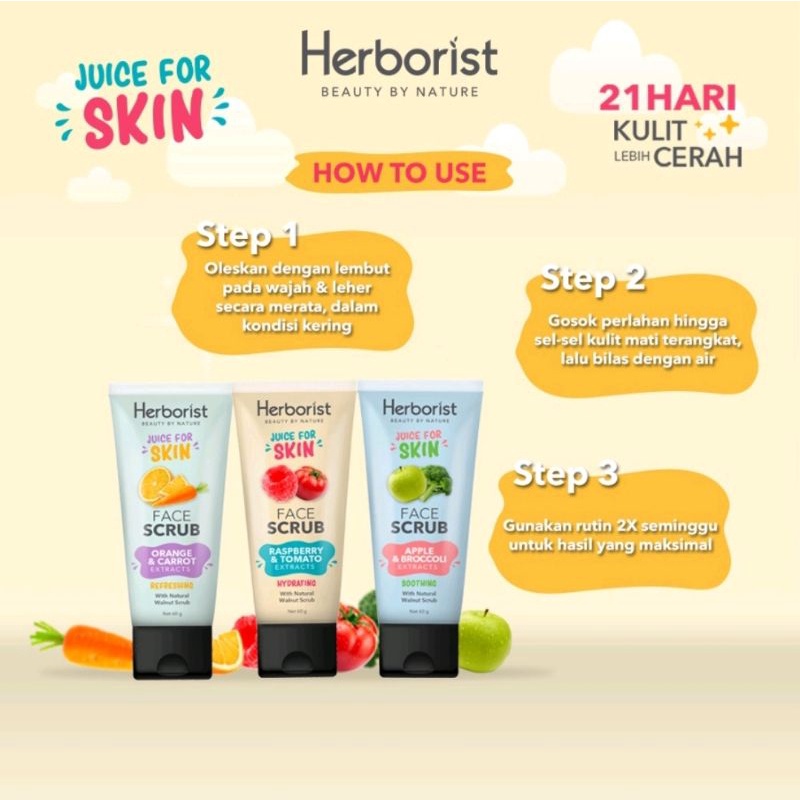 HERBORIST Juicy for Skin Face Scrub 60g | Raspberry and Tomato | Orange and Carrot | Apple and Brocolli