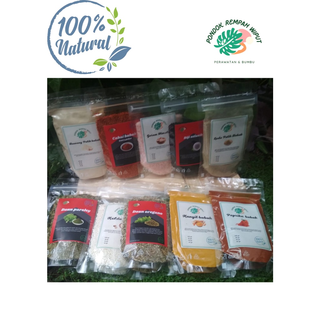 

Pondokrempahwiput bumbu dapur kemasan pouch Kunyit / bawang putih / Lada / Paprika / Cabai bubuk /Garam himalaya / Oregano / Parsley / Kaldu jamur / Selasih