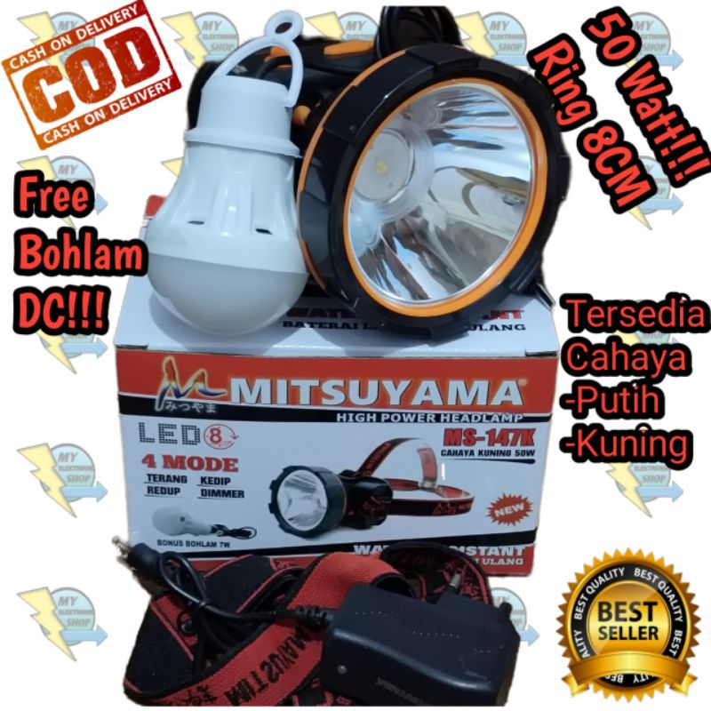 Senter Kepala LED 80Watt/50Watt MITSUYAMA MS-147P/K plus bohlam DC cahaya putih Headlamp 80W/50W Dimmer