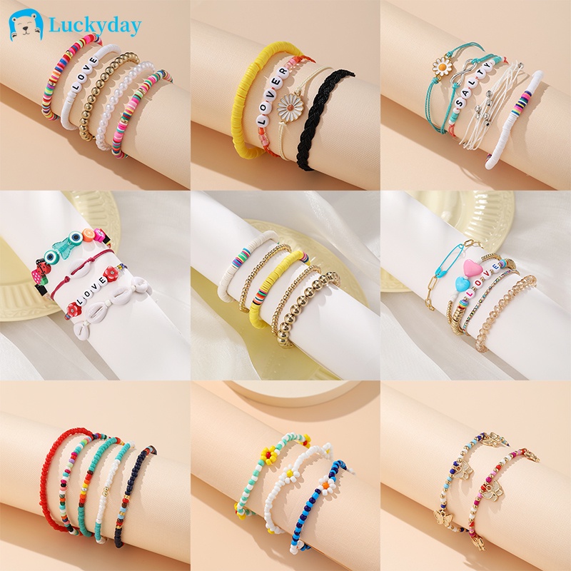 YEEZII Set Gelang Rantai Manik-Manik Mutiara Desain Bunga Alfabet Butterfly Gaya Bohemian Untuk Wanita