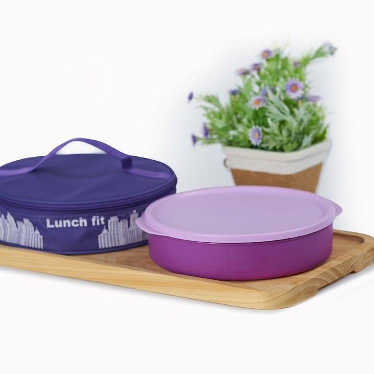Hot Sell.. Tempat Makan Plus Tas Lunch Fit Set / Kotak Makan Plastik 3 Sekat / Bekal Makan Bulat