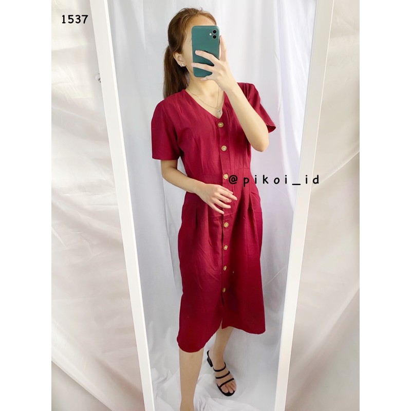 Dress imlek merah / dress katun linen wanita / dress busui merah kancing / dress cny sincia / 1537