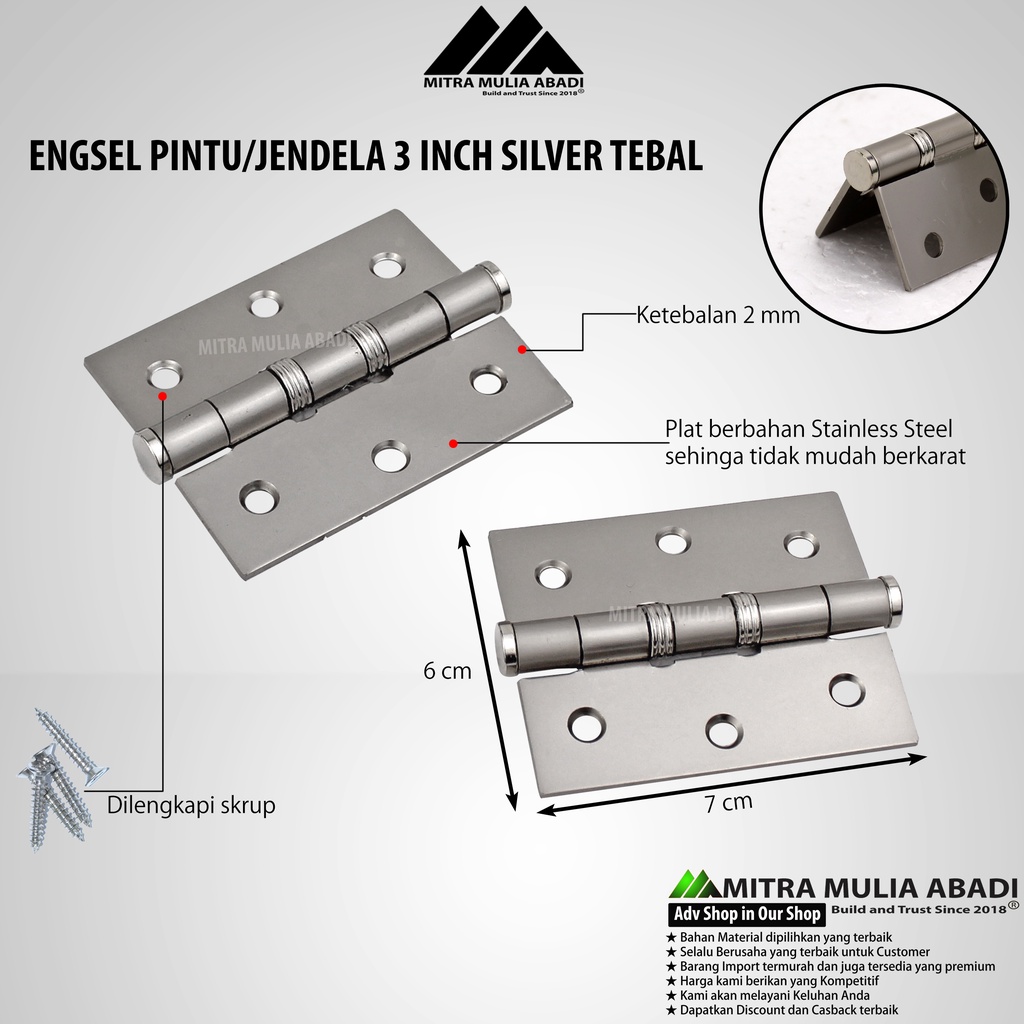 Engsel Pintu Silver l Jendela TEBAL 3 inch l Stainless Steel