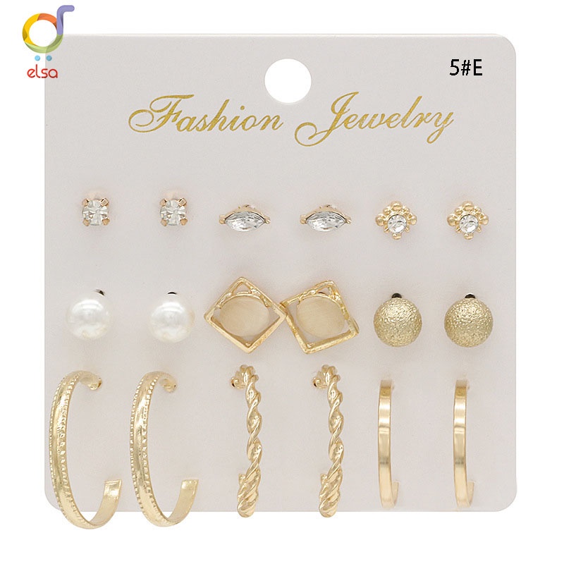 Elsa 9Pcs / Set Anting Wanita Tusuk Bentuk Bulat Hias Kristal Mutiara untuk Women Earrings-2