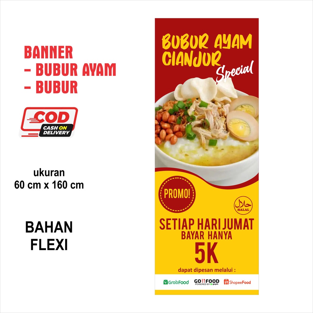 banner bubur ayam ukuran 60 cm x 160 cm / banner usaha makanan / usaha bubur ayam
