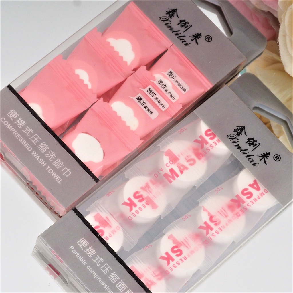 Compressed Mask BOX ISI 8 PCS Compress Facial Sheet Face Paper DIY Masker Permen Wajah Pink Putih