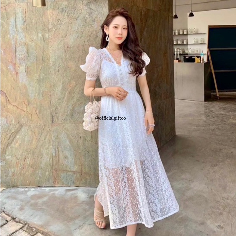 Licena lace dress korean midi embroidery dress pesta white puffy dress brukat vintage casual formal 