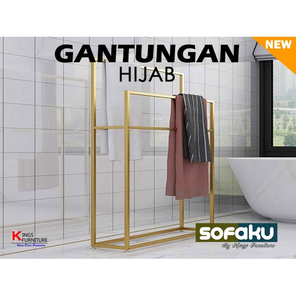 Hanger Gantungan Hijab - Rak Handuk Towel Rack Syal Kerudung Scraft Standing Towel Rak Besi Emas