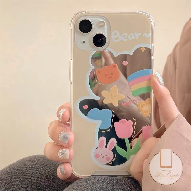 Casing Soft Case Motif Beruang 3D + Cermin Makeup + Gelang Mutiara Untuk iPhone 7 8 14 Plus 11 12 13 14 Pro Max XR X XS Max