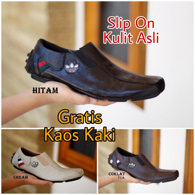 Free Kaos Kaki Sepatu Pria Murah Slip On Kulit Asli Selop Moccasin Terbaik Berkualitas