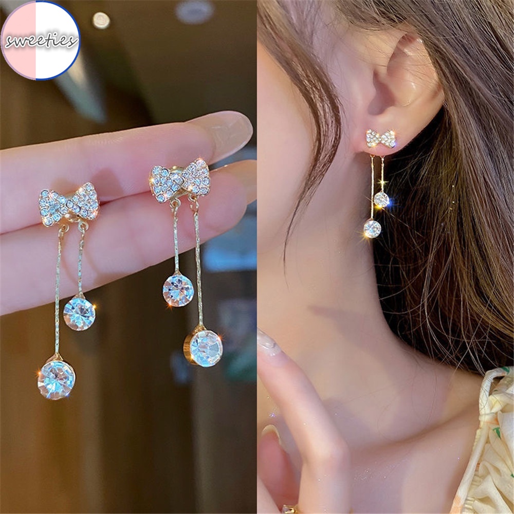 【aaoottuuoo5.id】woman fashion retro elegant Zircon bow star tassal chain earring ear stud jewelry