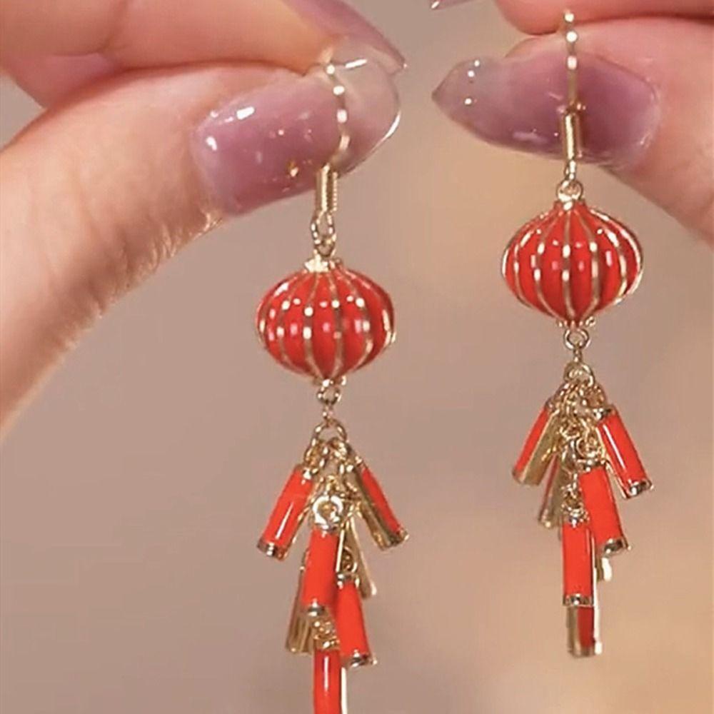 Mxbeauty Wanita Menjuntai Anting Kreatif Indah Tahun Baru Anting Panjang Petasan Anting Liontin Alloy Fashion Hoop Earrings