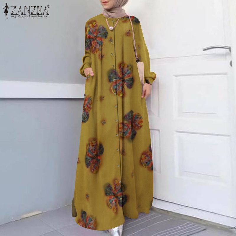 ZANZEA Women Printed Button Down Front Side Pockets Muslim Long Dress