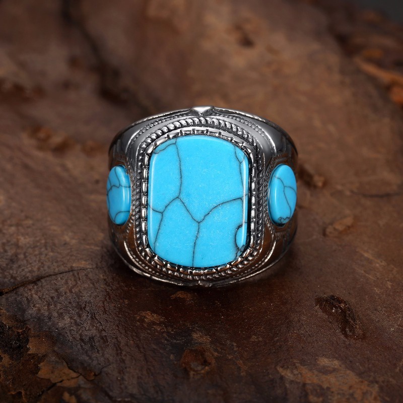 Cincin Turquoise Bahan Stainless Steel Gaya Retro Untuk Pria Suvenir Pernikahan