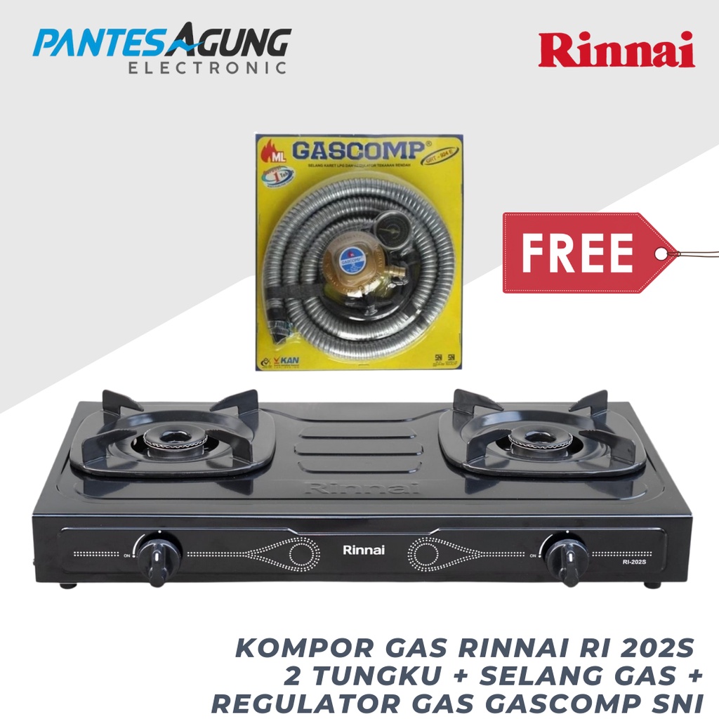 Kompor Gas Rinnai RI302S / RI 202S 2 TUNGKU + Selang Gas + Regulator Gas Gascomp SNI