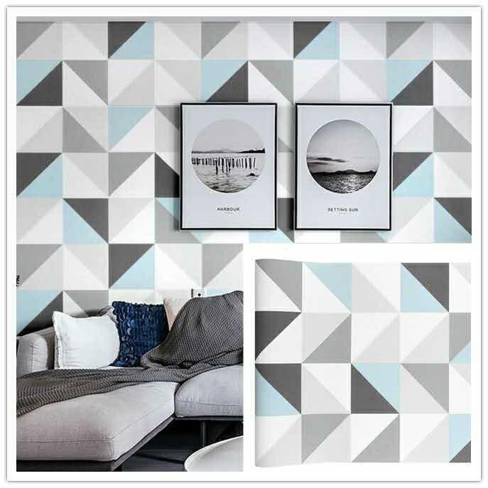 Wallpaper Dinding Motif Segitiga Biru Abu Hitam